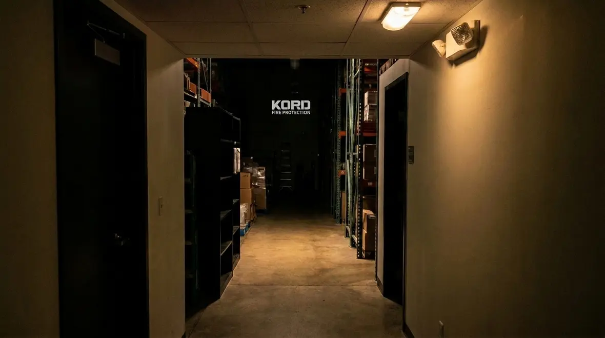 Emergency lighting in a commercial building hallway during a power outage