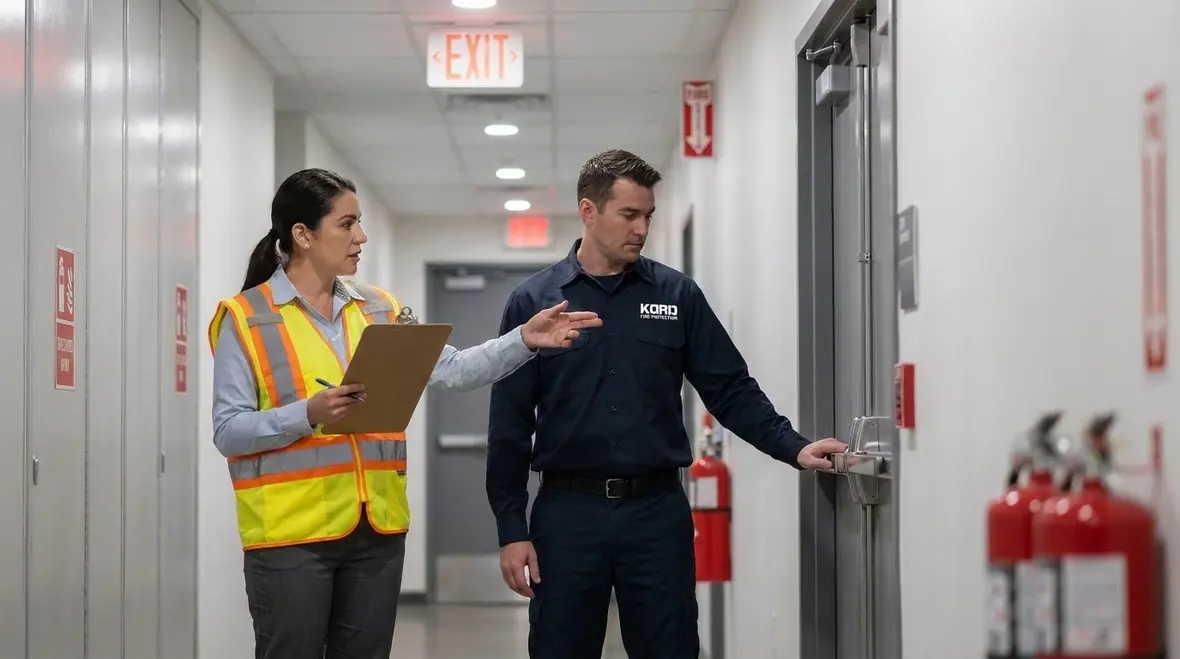 Fire rated corridor door and wall assembly supporting safe egress