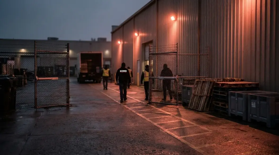 Commercial building exit door opening into a clear outdoor discharge area with visible path