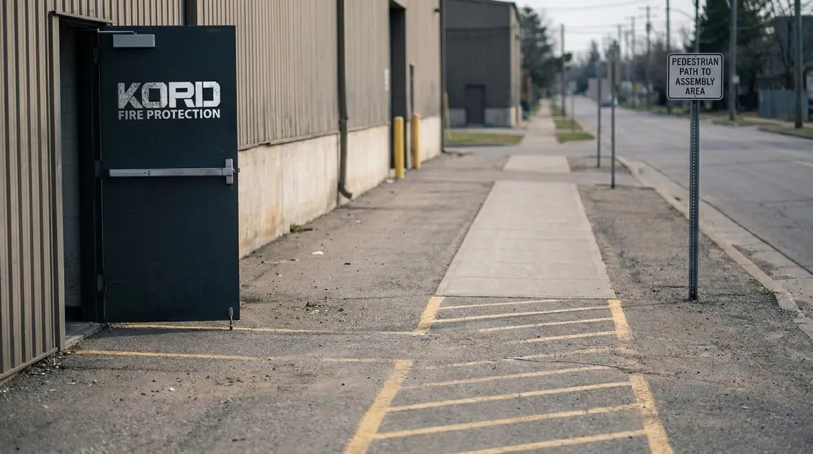 Exterior exit discharge route outside a warehouse leading safely toward a public way