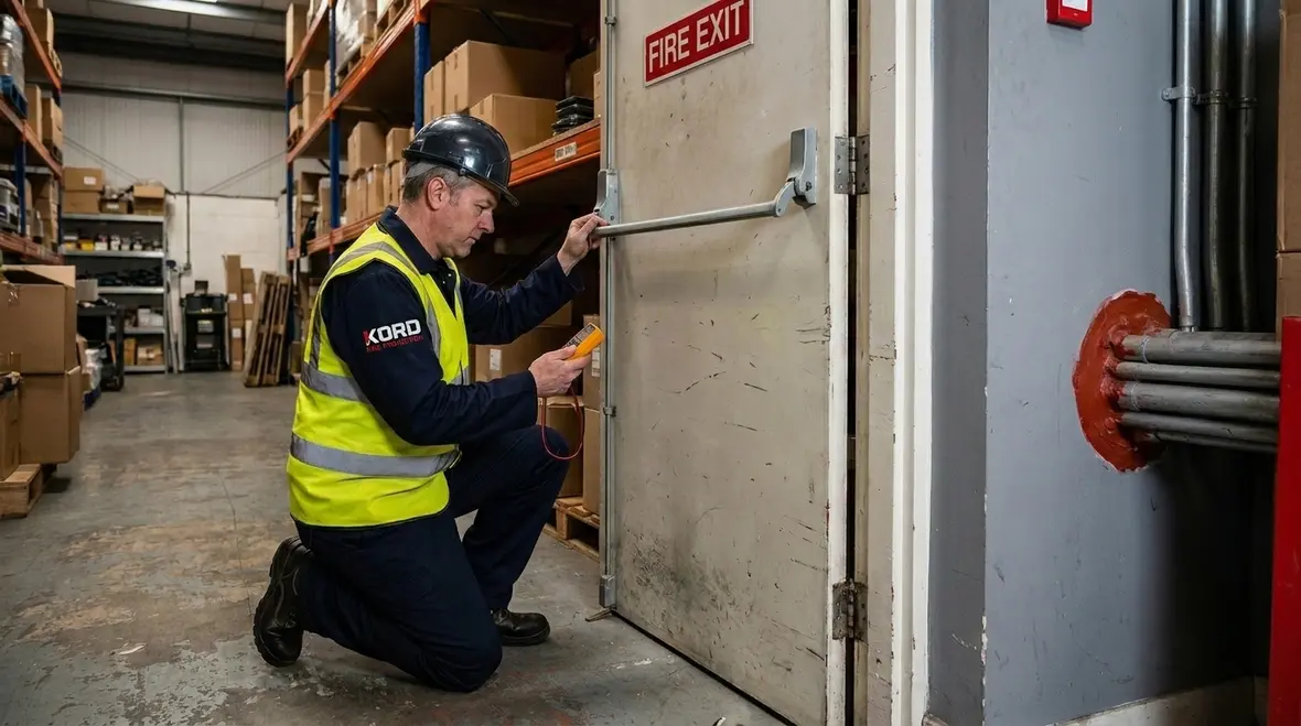 Exit passageway inspection showing protected route features and fire door components