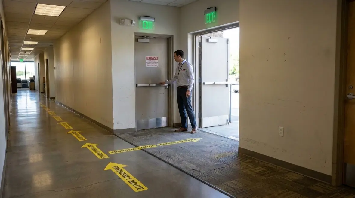 Code compliant exit passageway with emergency lighting and clear protected path