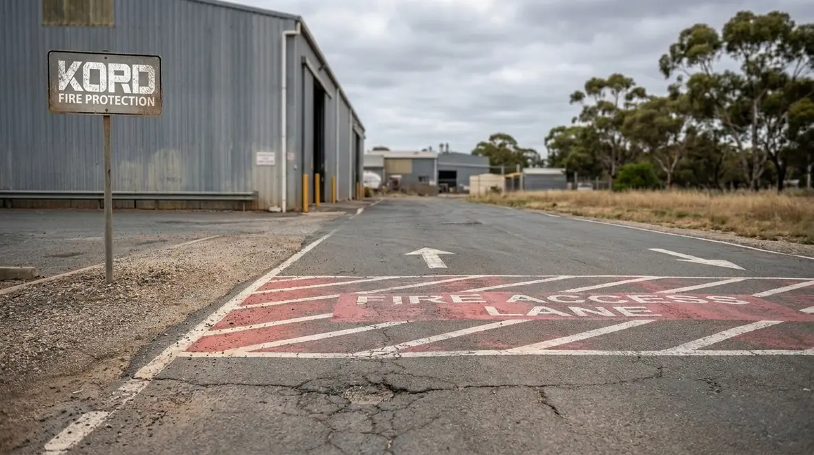 Fire department access route and fire lane layout at a commercial facility