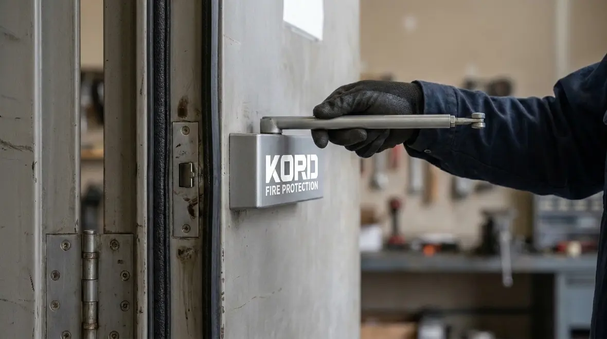Fire rated door hardware including closer, hinges, and latch assembly