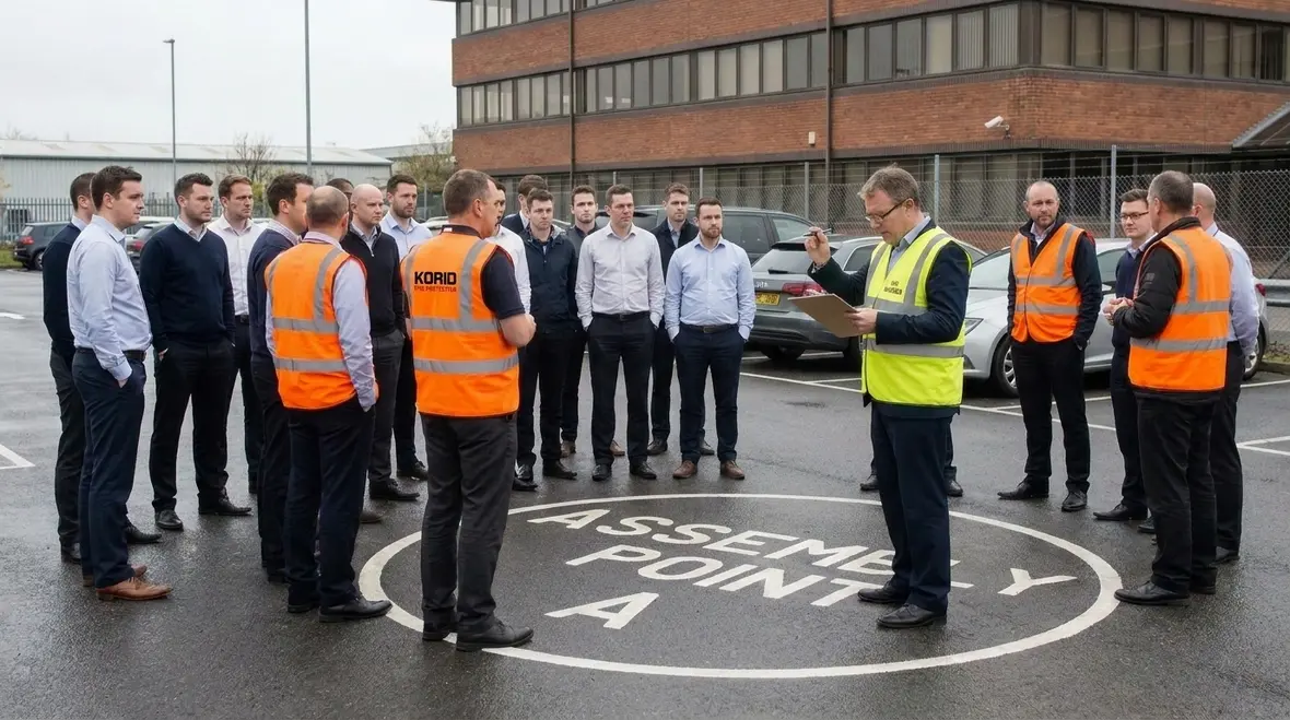 Commercial team practicing fire drill exit procedures