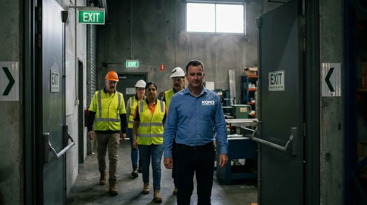 Workplace staff participating in a fire evacuation drill