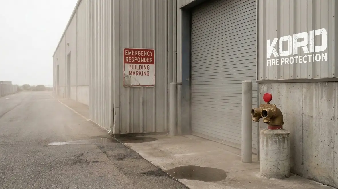 Emergency responder building markings near fire pump room and sprinkler controls