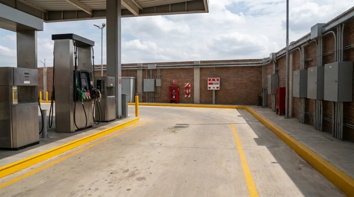 Fuel dispenser layout showing separation, access, and monitored safety equipment