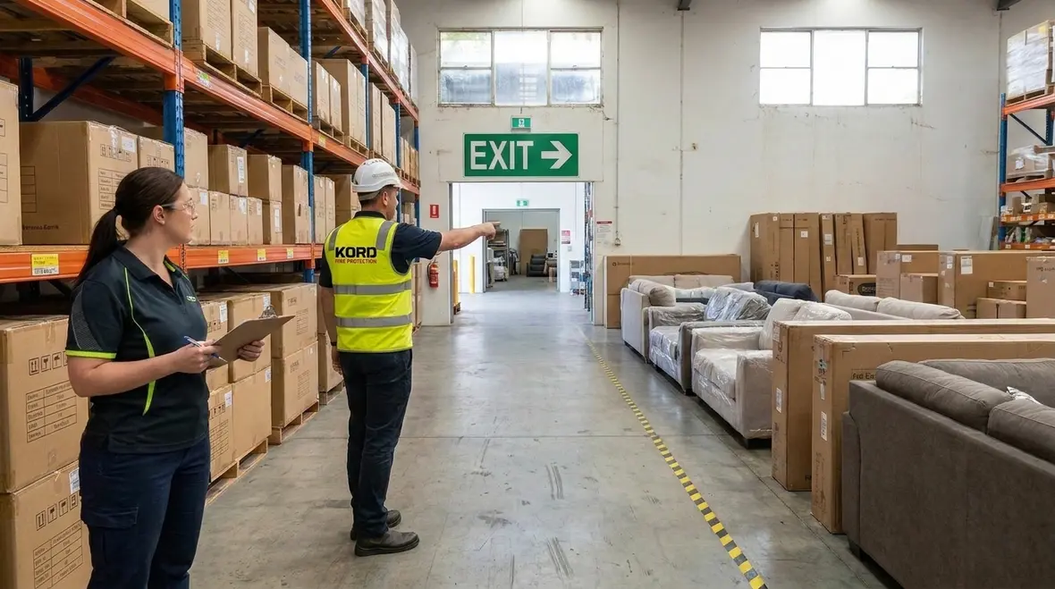 Commercial building contents fire code assessment in a busy interior