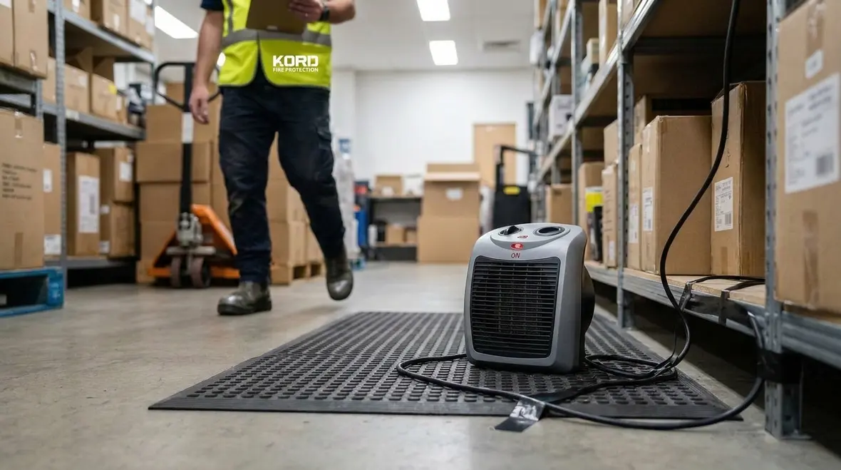 Space heater fire code clearance management near commercial storage
