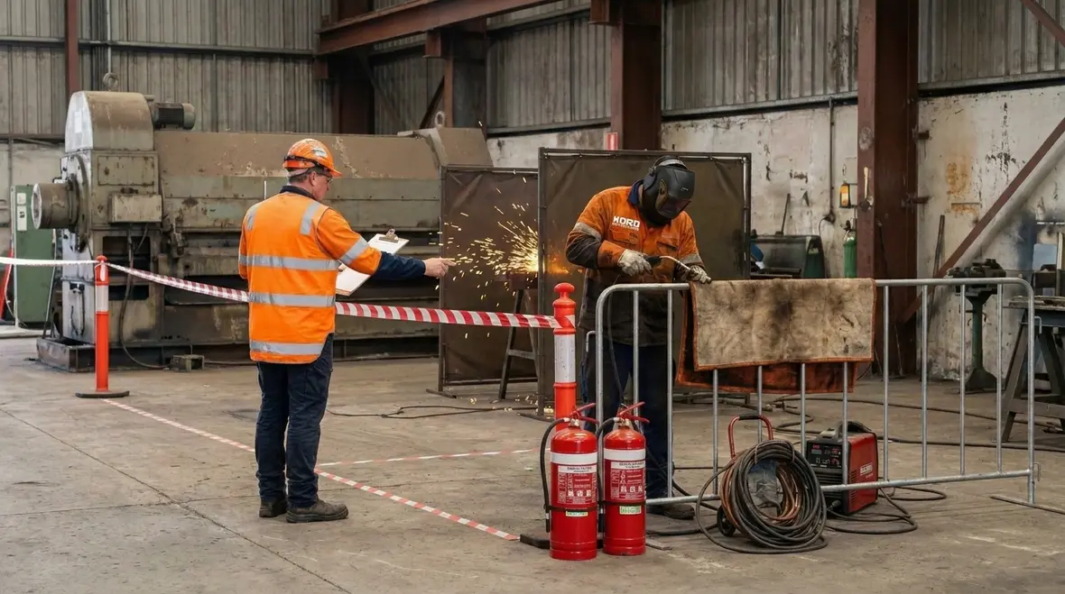 Hot work permit area prepared with welding fire precautions in place