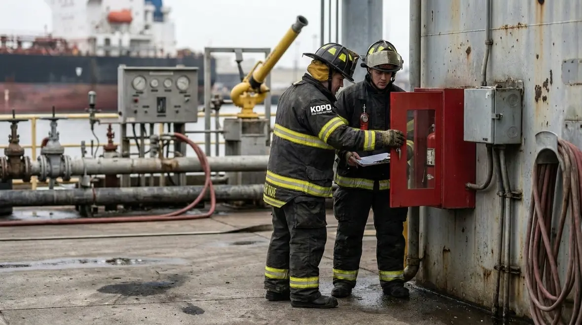 Pier fire safety access route and hydrant coverage near cargo operations