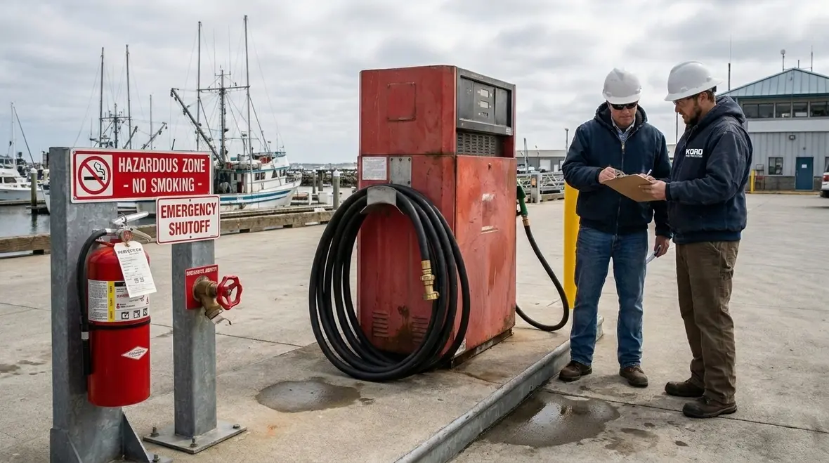 Marine fueling fire safety procedures at a commercial dock in Australia