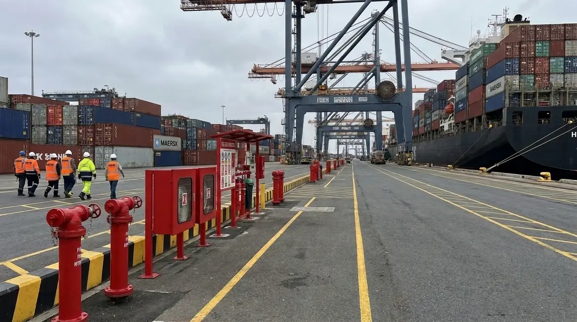 Marine terminal fire safety at a wharf with cargo operations and fire protection systems