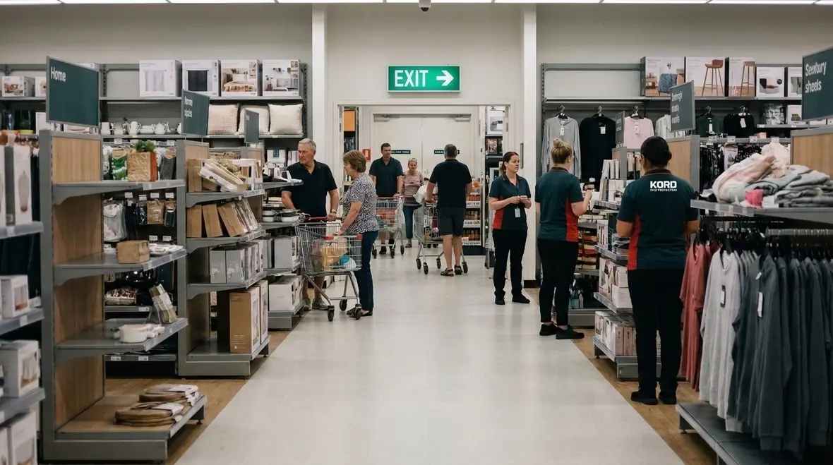 Exit requirements fire code pathway with signage and emergency lighting in a retail site