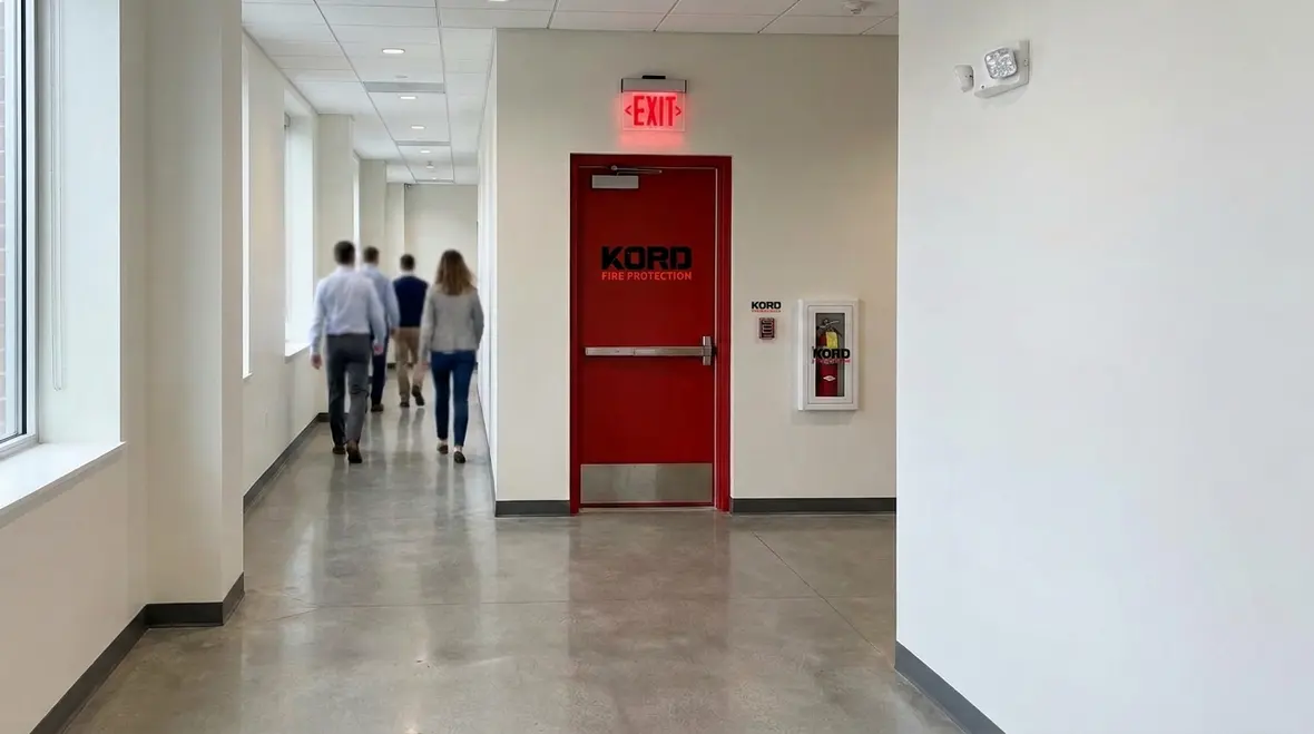 Means of egress route in a commercial building illustrating NFPA exit requirements