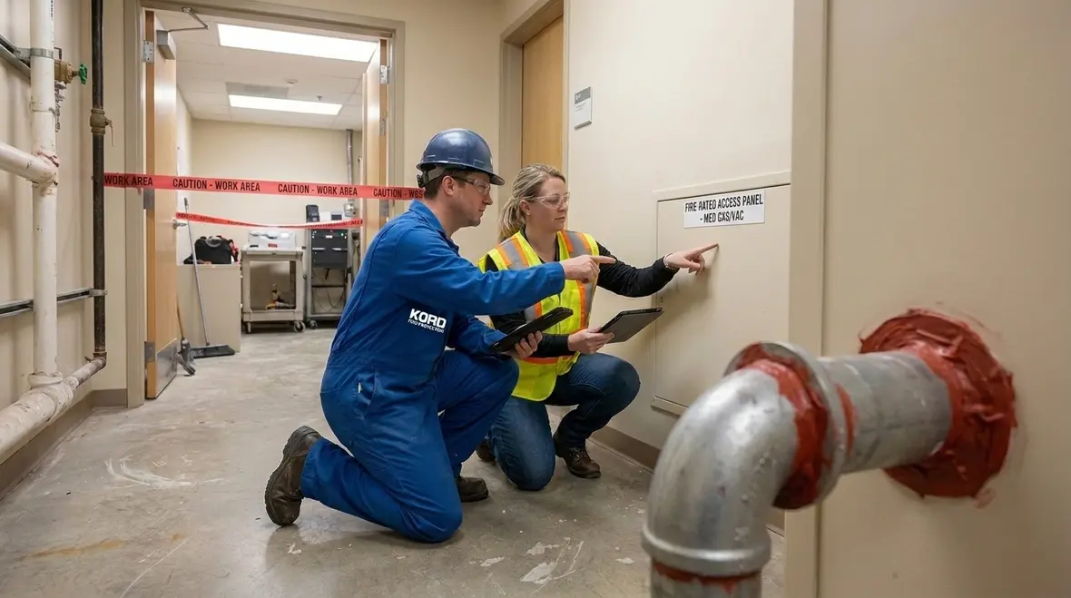 Medical vacuum fire code protection checks in a healthcare building