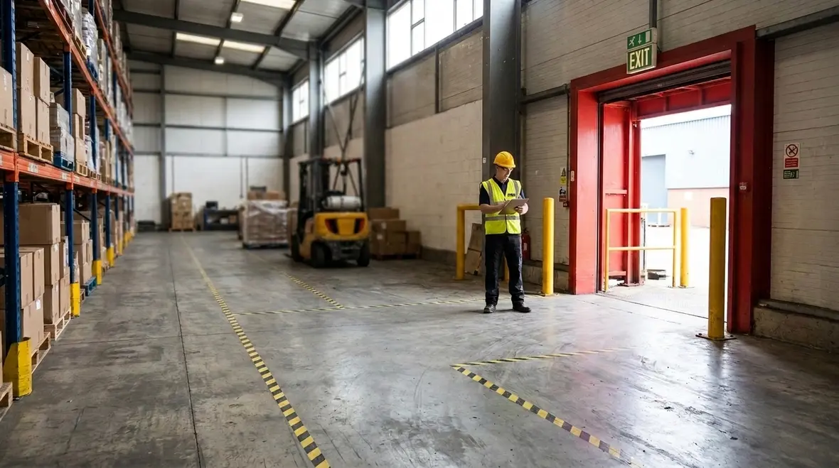 Warehouse and commercial site exit route review for minimum exit requirements