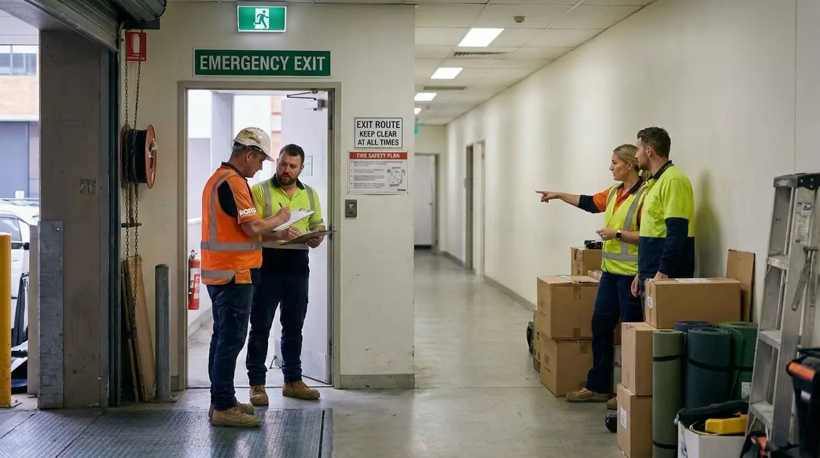 Commercial fire safety compliance review with multiple exit planning