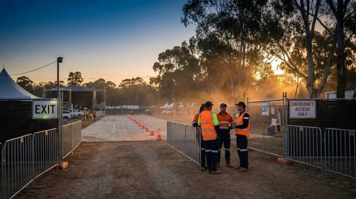 Outdoor event fire safety layout with tents and crowd pathways