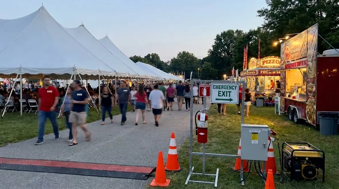 Outdoor event fire safety carnival and fair site at night