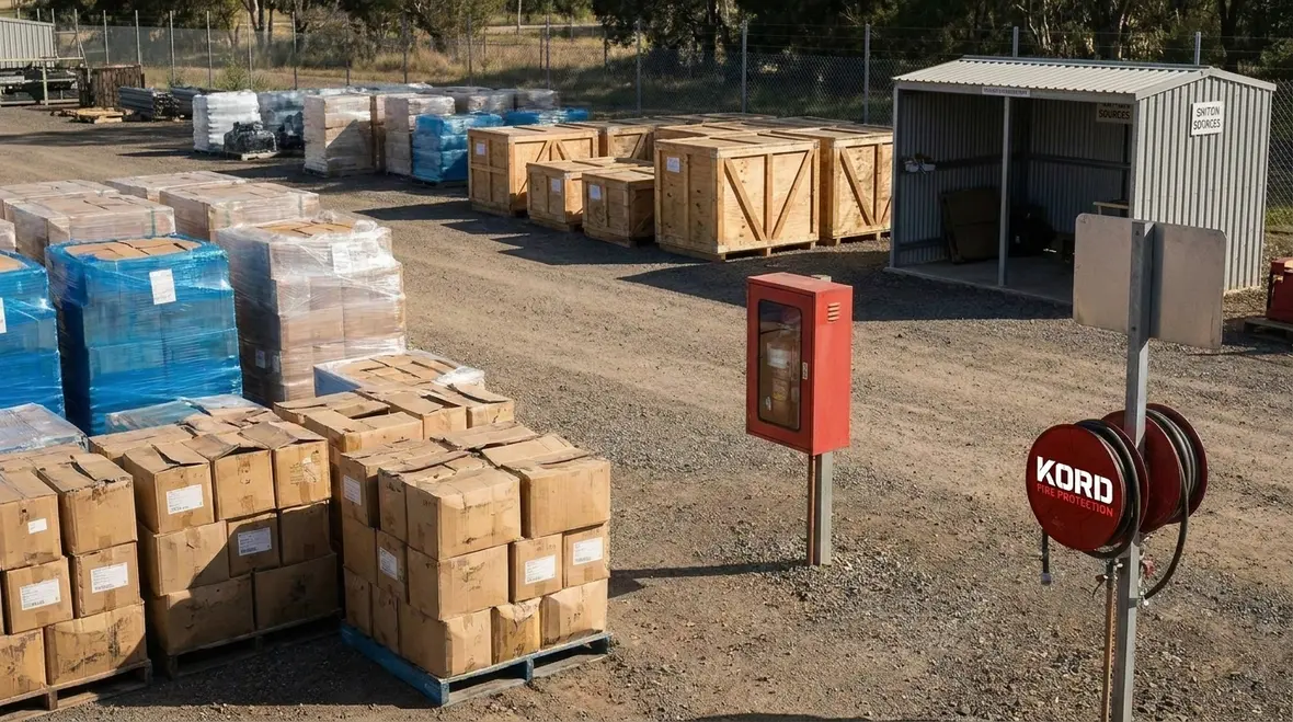 Outdoor storage fire safety access lane kept clear between material stacks