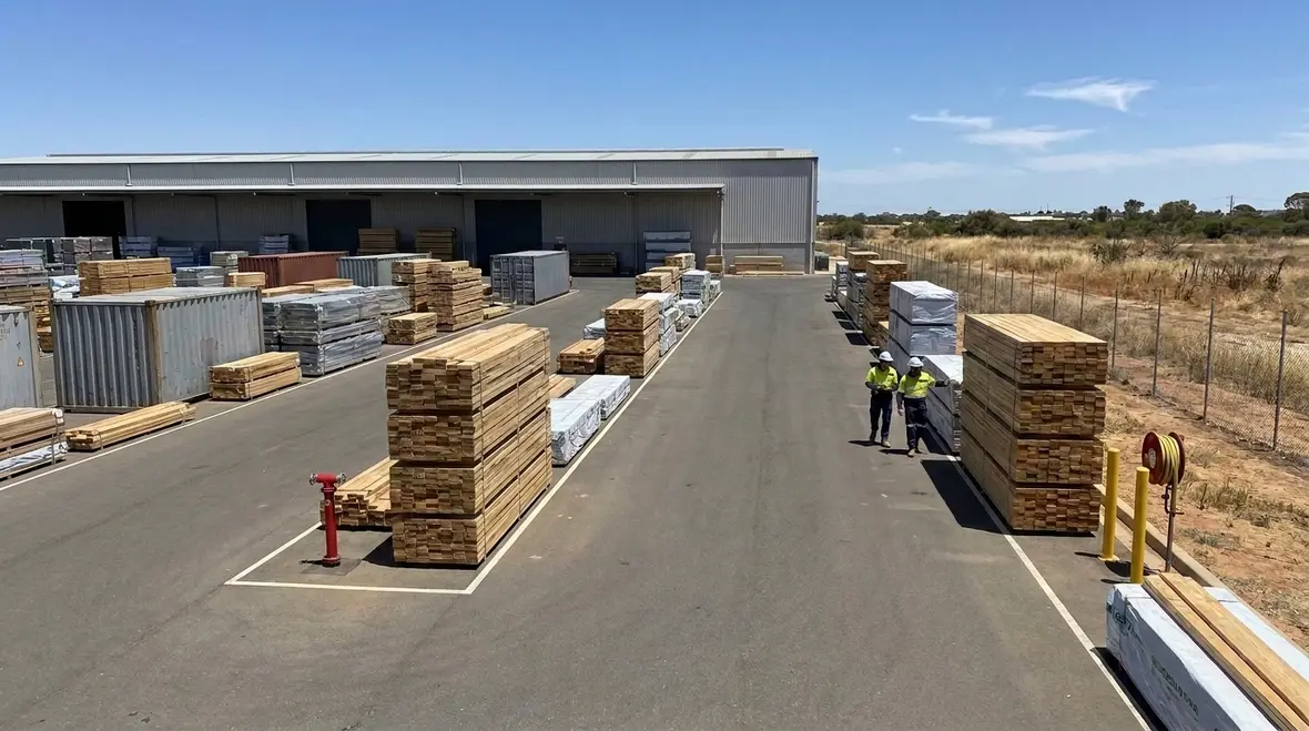 Outside storage fire safety yard with stacked materials at a commercial site