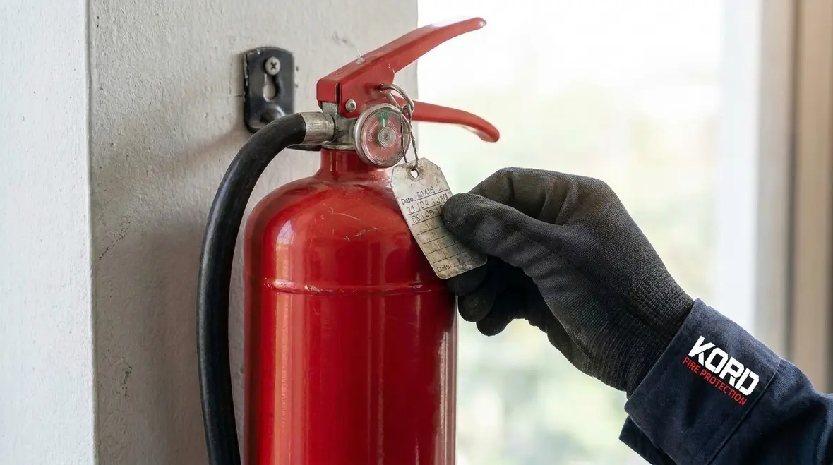 Facility team reviewing fire extinguisher placement and code compliance