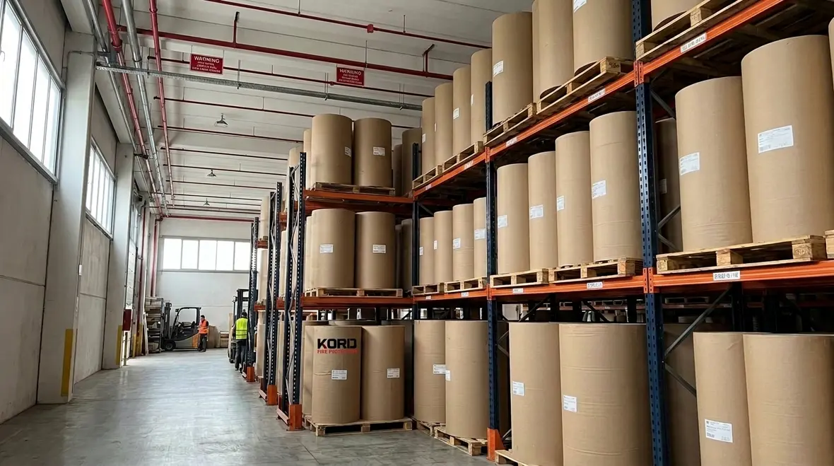 Roll paper storage fire protection warehouse with stacked paper rolls