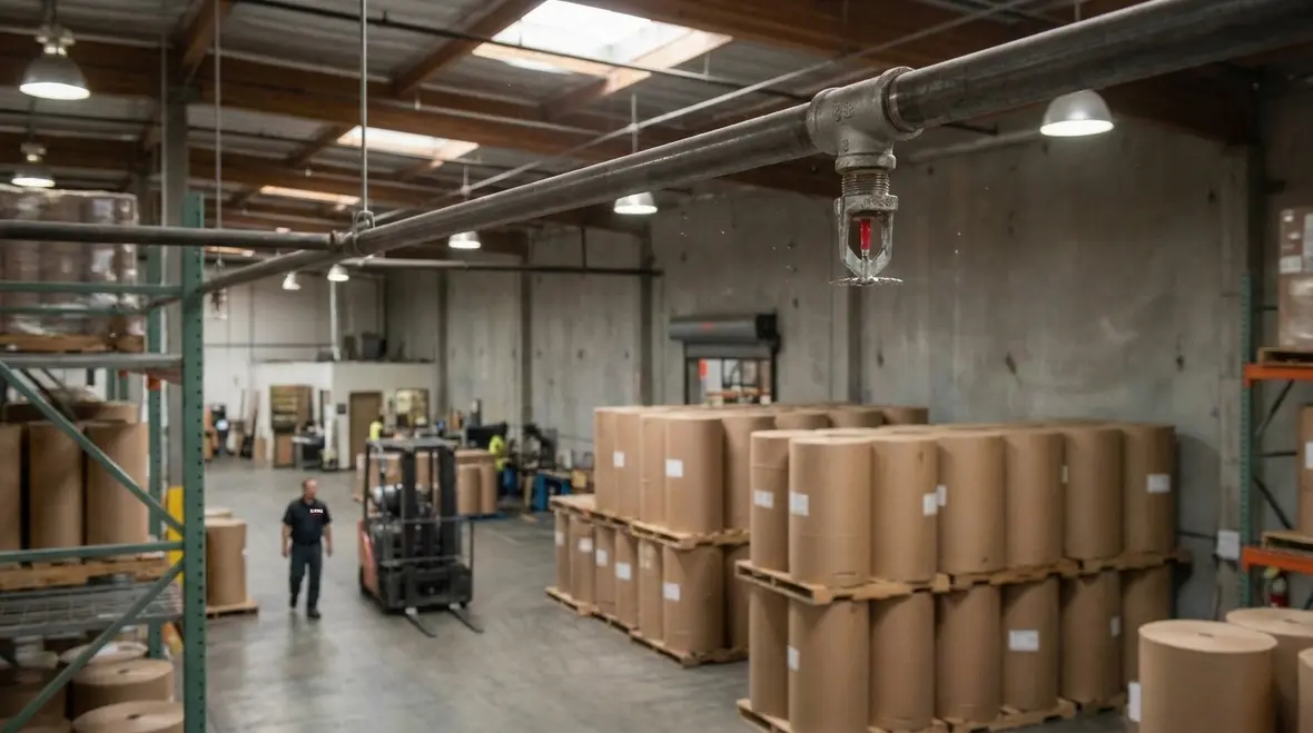 Commercial warehouse layout with aisle spacing and storage control for fire safety