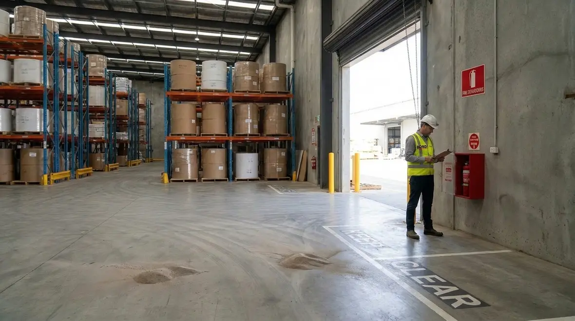 Industrial fire protection inspection of storage area and sprinkler access