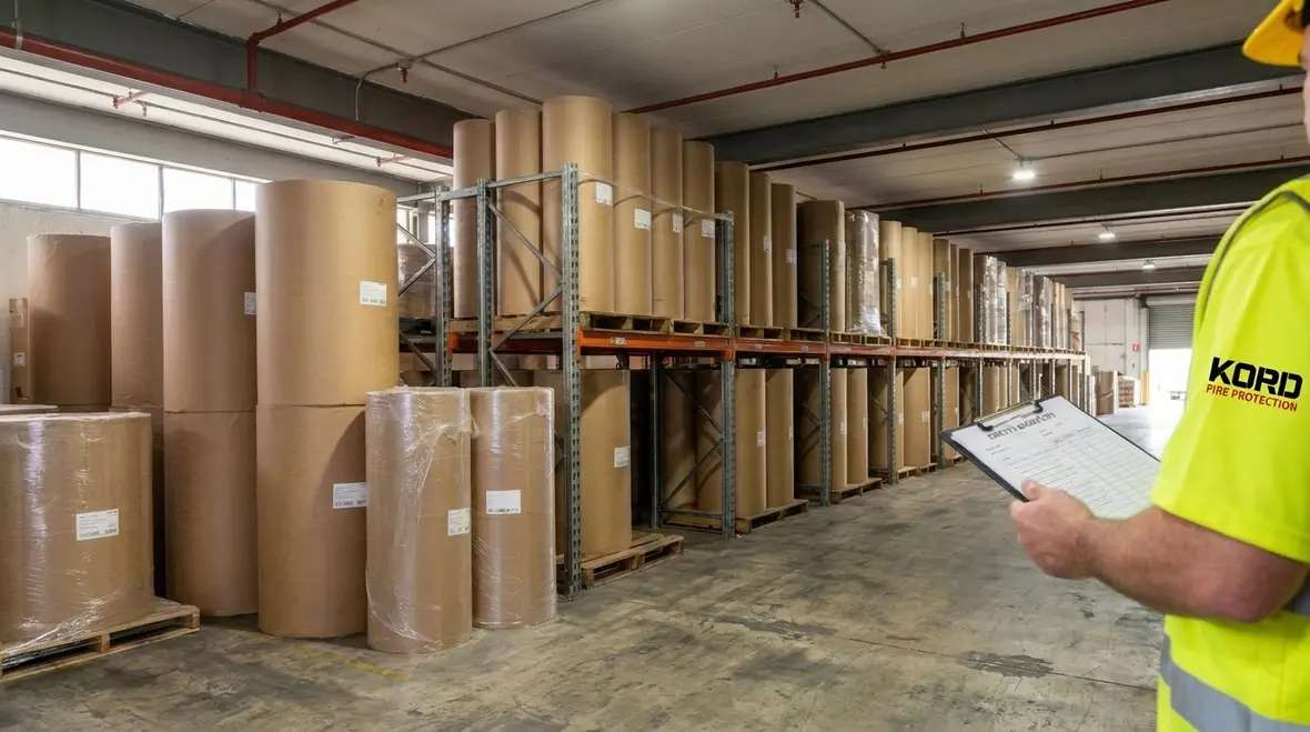 Warehouse storage rows showing bulk combustible stock and fire protection planning