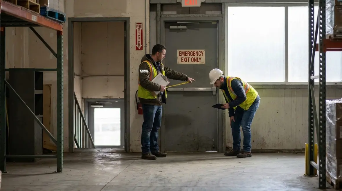 Fire safety technician reviewing secondary means of escape