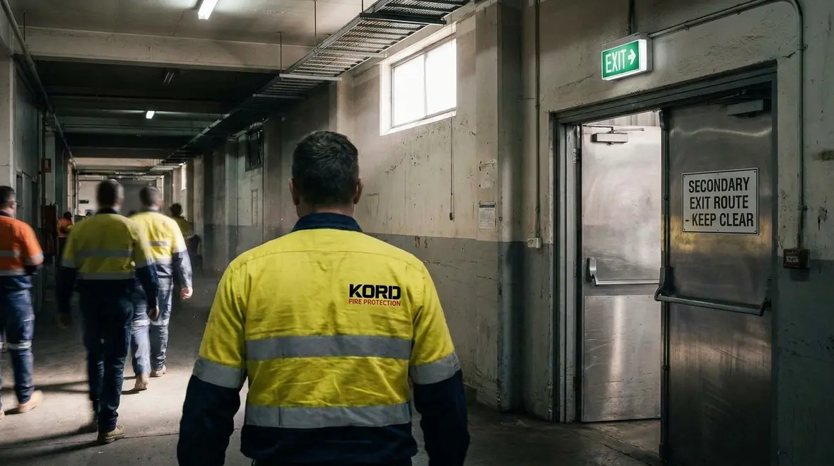 Secondary escape route through a commercial corridor