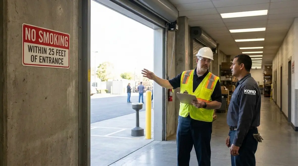 Indoor smoking fire safety controls with proper ash disposal and signage