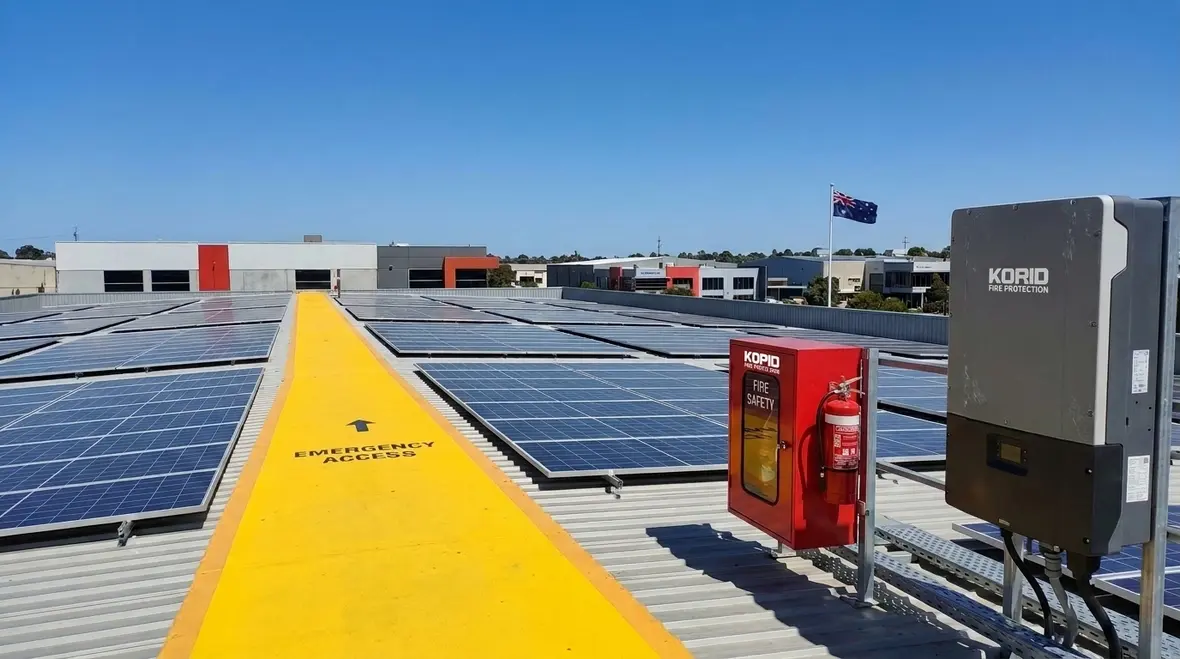 Photovoltaic fire protection safety with solar panels on a commercial roof