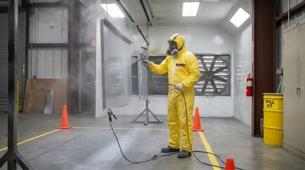 Industrial spray painting safety training with equipment checks and ventilation review