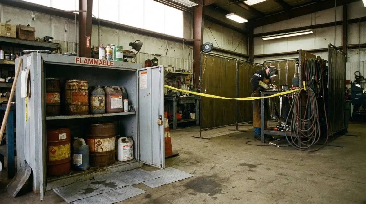 Commercial spray coating area with housekeeping and emergency readiness controls