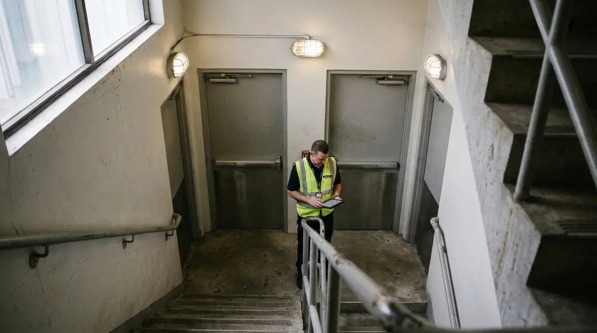 Inspection of protected stairway fire code features and enclosure continuity