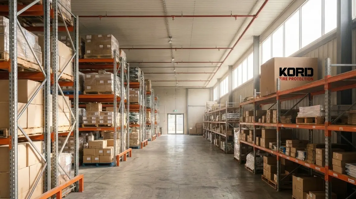 Warehouse fire protection systems with sprinklers and storage configuration planning
