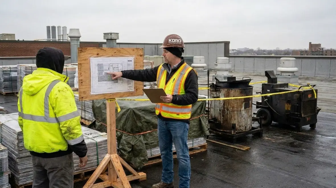 Roofing kettle fire protection setup on a commercial roof with clear safety spacing