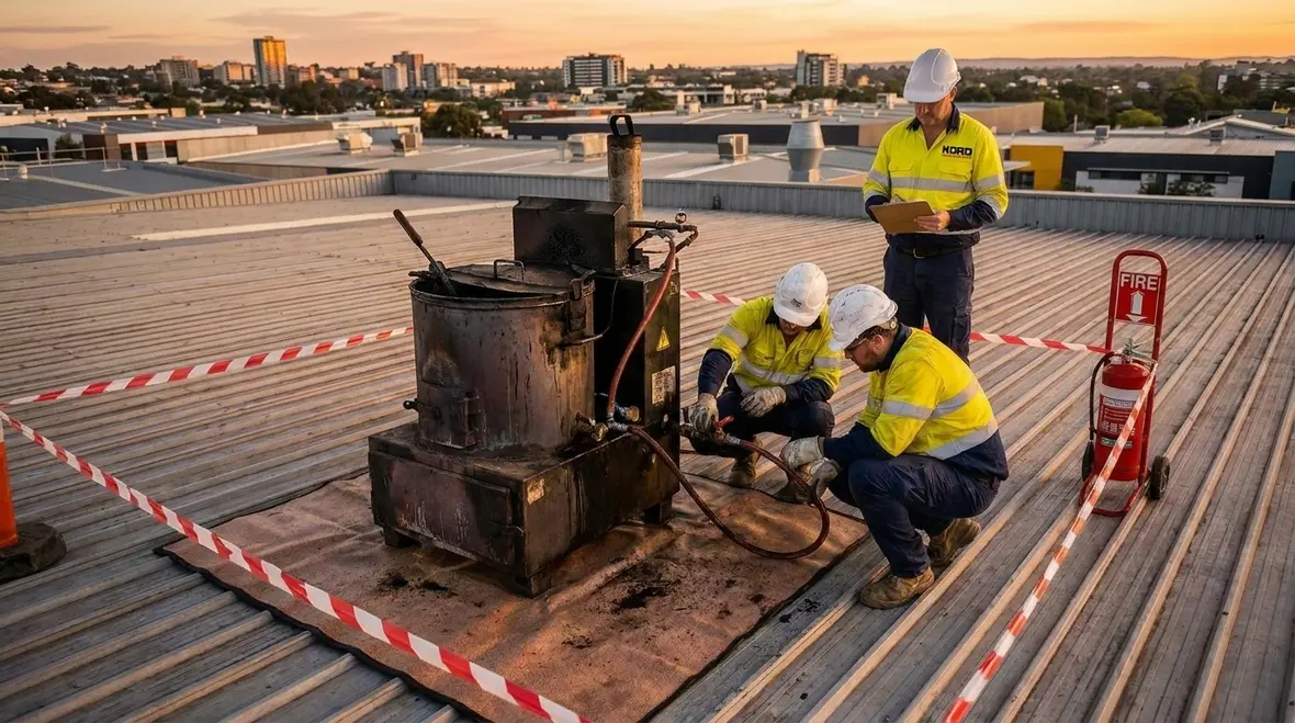 Tar kettle positioned safely on a commercial job site for NFPA fire safety compliance