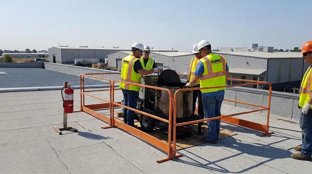 Tar kettle fire safety and asphalt melter fire code guidance on a commercial roofing site