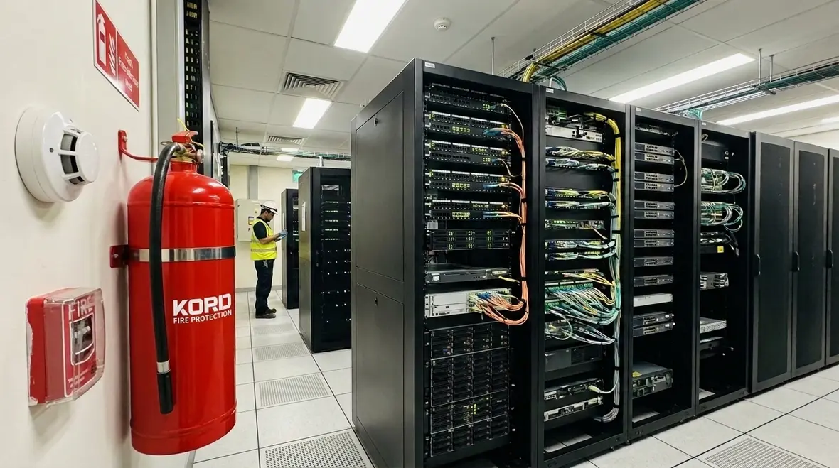 Telecommunication facility fire safety with telecom equipment racks and fire protection planning