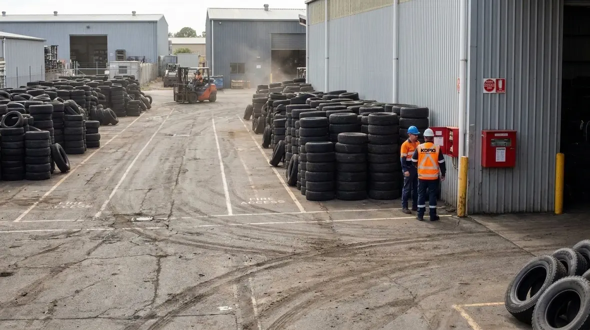 Stacked outdoor tires showing tire storage fire safety planning