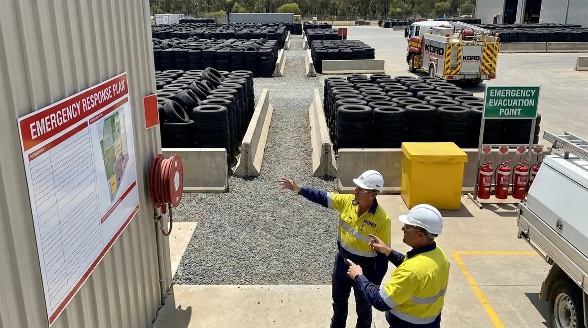 Outdoor tire storage emergency plan and tire fire response site