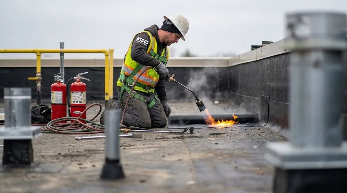 Torch applied roofing crew managing fire safety controls on a commercial roof