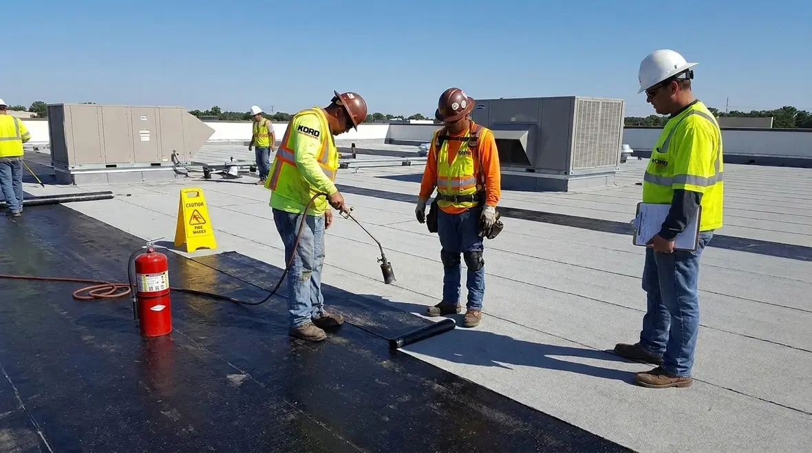Torch applied roofing fire safety on a commercial roof