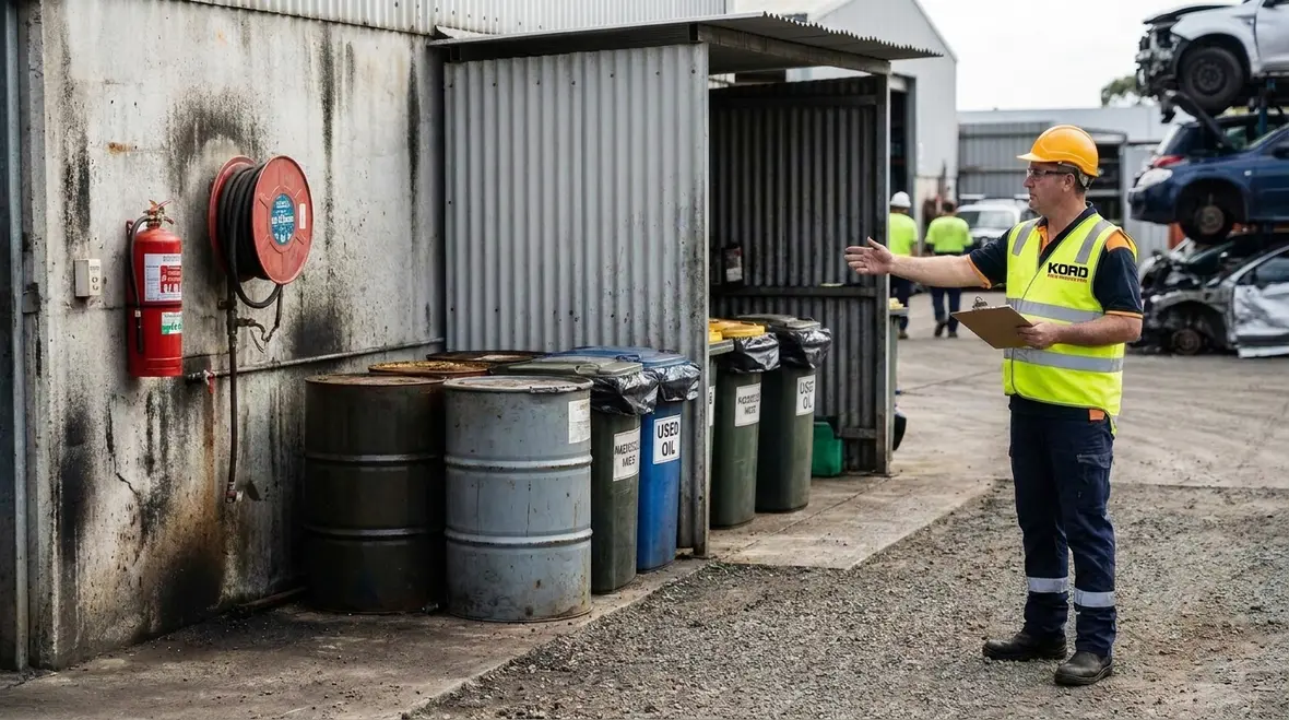 Fluid storage area in a wrecking yard with labeled containers