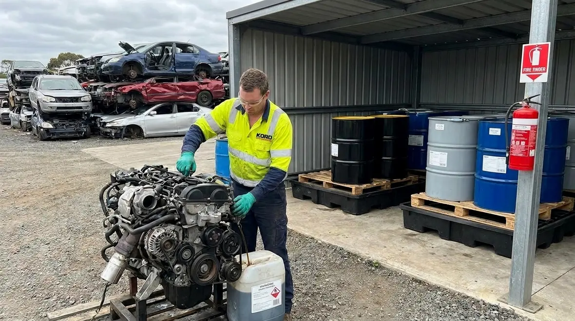 Wrecking yard fluid storage and hazardous materials fire safety